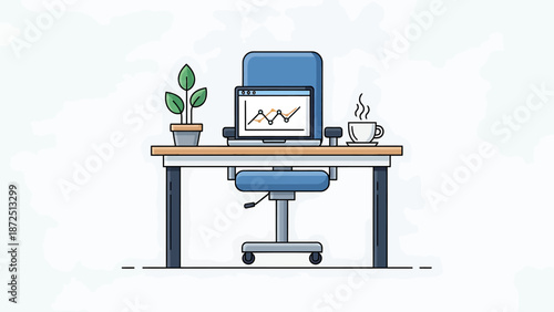 Minimalist illustration of a modern home office workspace with a laptop, plant, and coffee cup on a wooden desk.