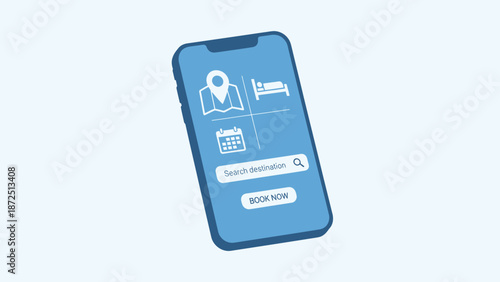Illustration of a blue smartphone displaying a hotel booking application interface with search and book options.