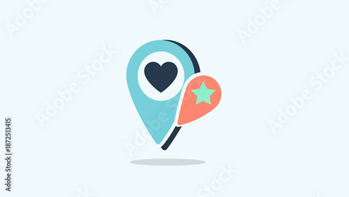 Favorite location icon with a blue map pin containing a heart and an orange pin with a star, symbolizing important or loved places.