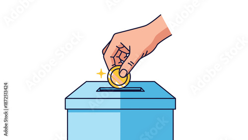 A hand dropping a golden coin into a blue donation box, symbolizing charity or contribution.