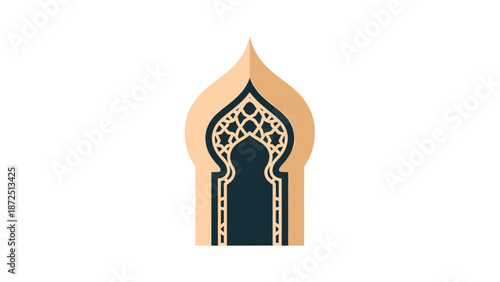 A stylized illustration of an ornate Islamic archway with intricate patterns, featuring a pointed top and a dark interior.