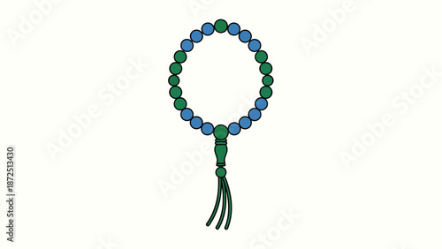 A simple illustration of prayer beads with alternating blue and green beads and a green tassel.
