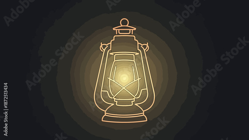 Outline illustration of a vintage hurricane lantern glowing warmly in the dark, casting concentric circles of light around it.