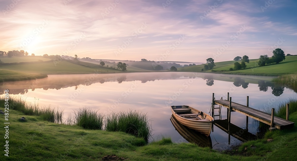 Fototapeta premium Tranquil lake scene with boat and dock reflecting peaceful nature at sunrise