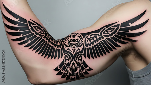 Owl Wing Tattoo Expansive Black Geometric Design on Arm