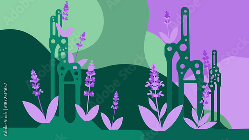 abstract lavender landscape with stylized plants and futuristic green architectural structures for modern eco-friendly and wellness design backgrounds