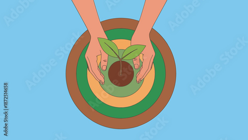 environmental protection and sustainable growth represented by hands nurturing a green plant within concentric soil layers ideal for eco-friendly campaigns.