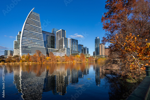 Austin Downtown modern office hub of world technology center business urban city landscape of skyscraper and travel destination park along the river with reflection capital city of Texas, USA