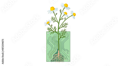 bio-technology concept with chamomile plant growing from circuit board roots symbolizing sustainable digital integration and innovation for future green solutions.