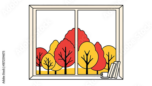 autumn window view illustration depicting vibrant fall foliage books and a teacup on the sill conveying cozy seasonal comfort.