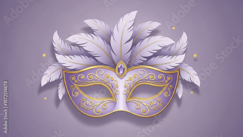 Lavish purple masquerade mask adorned with gold accents and white feathers on gray background