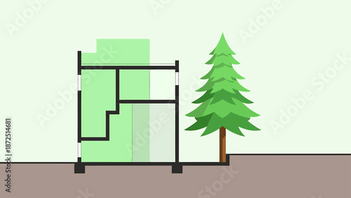 building section plan illustrating a multi-level residential house interior with staircase useful for architectural design and real estate development.