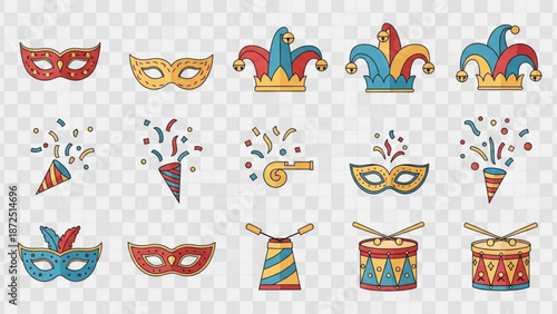 Colorful mardi gras carnival party masks and festive decorations on transparent background