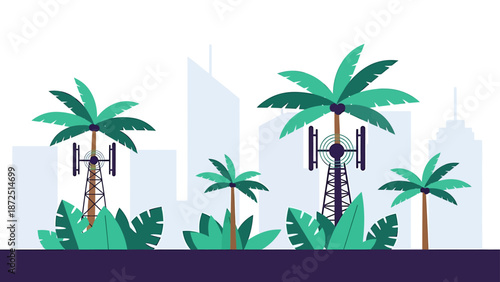 camouflaged cell tower technology artfully blends into a vibrant urban tropical environment offering seamless telecommunications infrastructure connectivity.
