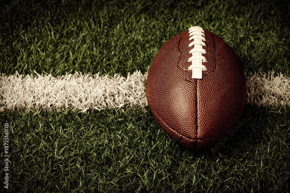 Obraz premium American football on green turf close up view of a professional game ball