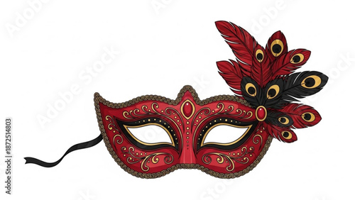 Red venetian masquerade mask with feathers and ornate details isolated on white background