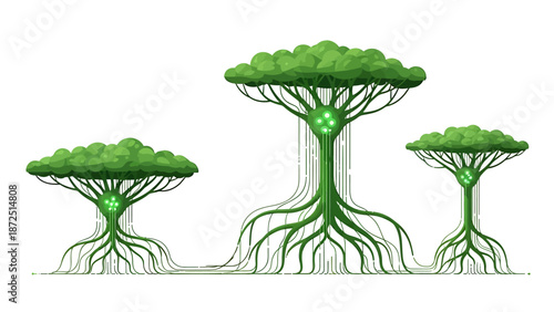 digital ecosystem with interconnected ai network trees representing data processing and smart technology for future innovation concepts and growth