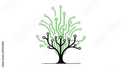 digital tree illustration blending natural growth with circuit board elements symbolizing sustainable technology innovation and future growth.