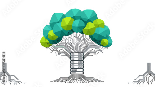 digital technology tree representing data growth and interconnected cloud computing with circuit board elements and geometric leaves for innovation.