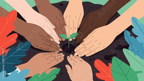diverse hands caring for a small green seedling in dark soil symbolizing community collaboration for environmental protection sustainability and growth