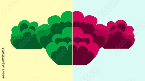 divided abstract bush illustration showcasing vibrant green and red floral shapes on contrasting yellow and blue backgrounds for graphic design elements