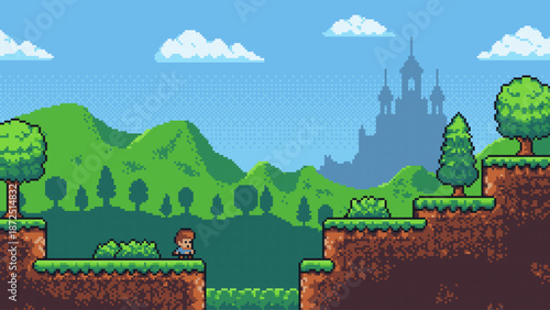 Pixel art game level with a boy walking on platforms towards a distant castle. Retro video game background for adventure and fantasy gaming.