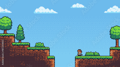 Pixel art game level with a man character navigating platforms. Retro video gaming concept for classic arcade platformer design.