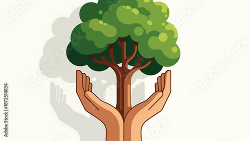 eco friendly concept illustration showcasing hands protecting a growing green tree for environmental sustainability and nature conservation designs