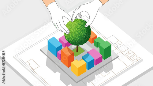 eco friendly urban planning concept with hands placing a green tree onto a vibrant block city model representing sustainable development strategies for a better future.