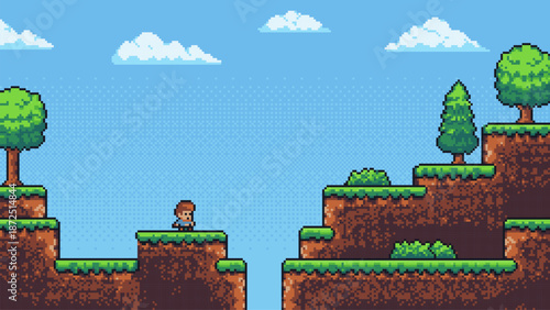 Boy pixel art game level vector with trees on a sunny day. Retro arcade videogame platformer background for an endless runner or adventure.