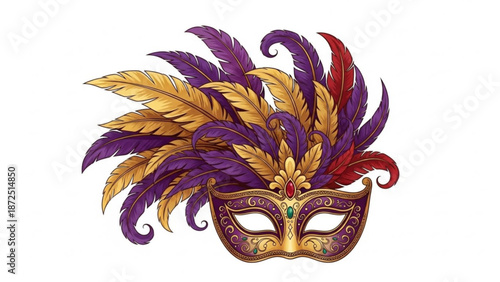 Vibrant purple and gold decorative masquerade mask with feathers for carnival or party