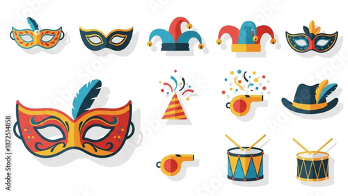 Colorful carnival masks and festive party accessories icons set for mardi gras celebrations