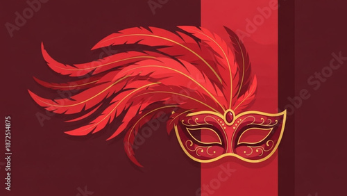 Vibrant red masquerade mask with golden accents and feathers on dark background for party