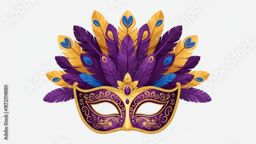 Vibrant purple and gold masquerade mask adorned with colorful feathers and intricate designs