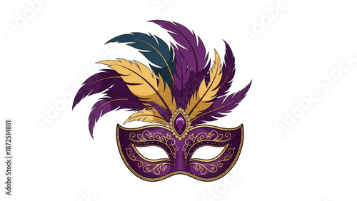 Luxurious purple and gold masquerade mask with feathered headpiece on white background