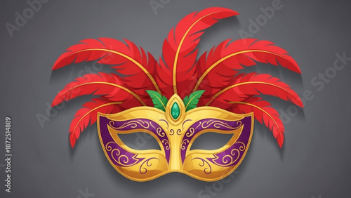 Vibrant gold and purple masquerade mask adorned with red feathers and green gemstone on dark