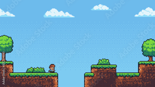 Kid in pixel art game world jumping over a gap. Retro arcade video game scene with classic 8-bit graphics for digital entertainment.