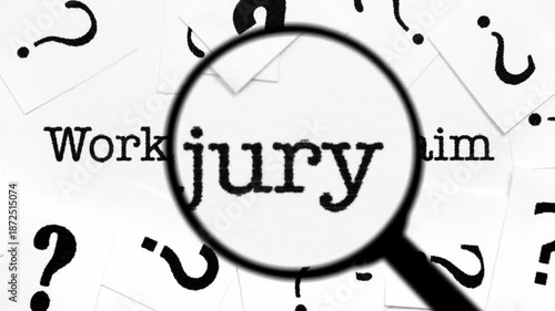 Magnifying Glass Searching for work injury claim Among Question Marks and Words