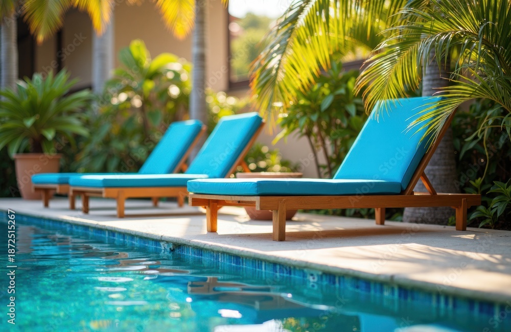 Fototapeta premium Poolside lounge chairs line the sunlit pool at a tropical resort under palm shade
