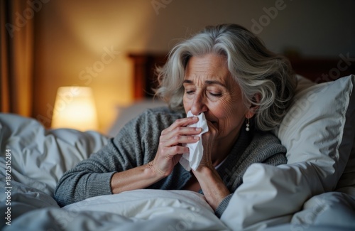 Woman in bed blowing her nose with tissue in a dimly lit bedroom at night