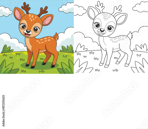 Cute baby deer coloring illustration, adorable cartoon fawn character in color and outline style, simple line art animal design for kids coloring books, stickers and prints