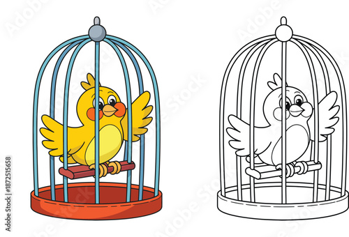 Cute bird in cage illustration, colorful cartoon bird artwork with outline version, sweet animal design for kids coloring books, stickers and printable graphics