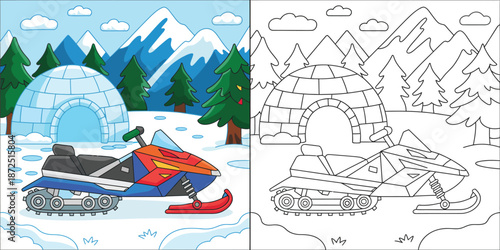 Snowmobile winter coloring page illustration, arctic adventure scene with igloo pine trees and mountains, fun educational line art design for kids coloring activities and creative winter worksheets