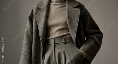 Woman wearing tailored coat and high turtleneck in neutral minimal styling
