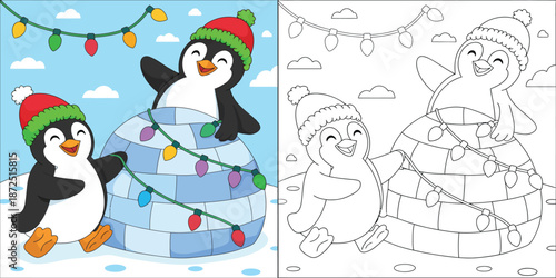 Cheerful cartoon penguins adorn a cozy igloo with colorful festive lights, celebrating the joyous winter holiday season in a snowy wonderland