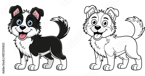 Cute cartoon border collie dog illustration and outline ready for coloring