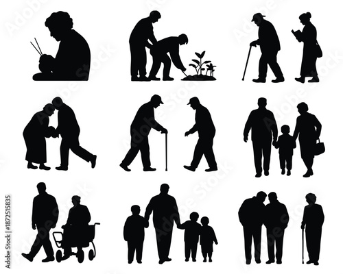 Silhouettes of people of all ages, symbolizing generational connections and community activities