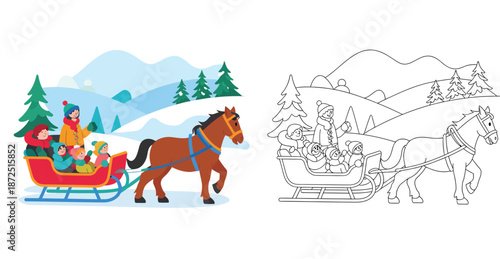 Winter wonderland adventure a family enjoys a horse-drawn sleigh ride through a snowy landscape, perfect for children's coloring book art