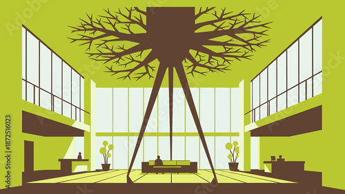green architecture interior design featuring a large tree-like structure supporting a modern lobby with minimal people for sustainable corporate concepts