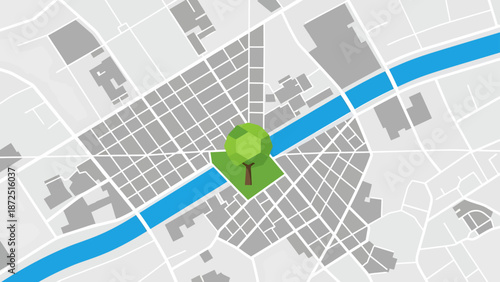 green city map illustration depicting a modern urban planning concept with a central park tree and winding river for sustainable development projects
